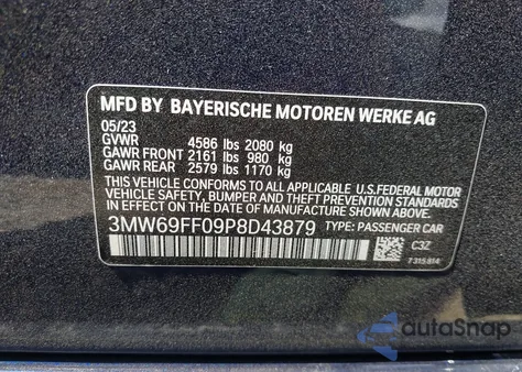 2023 BMW 330I из США, поврежденный, VIN 3MW69FF09P8D43879